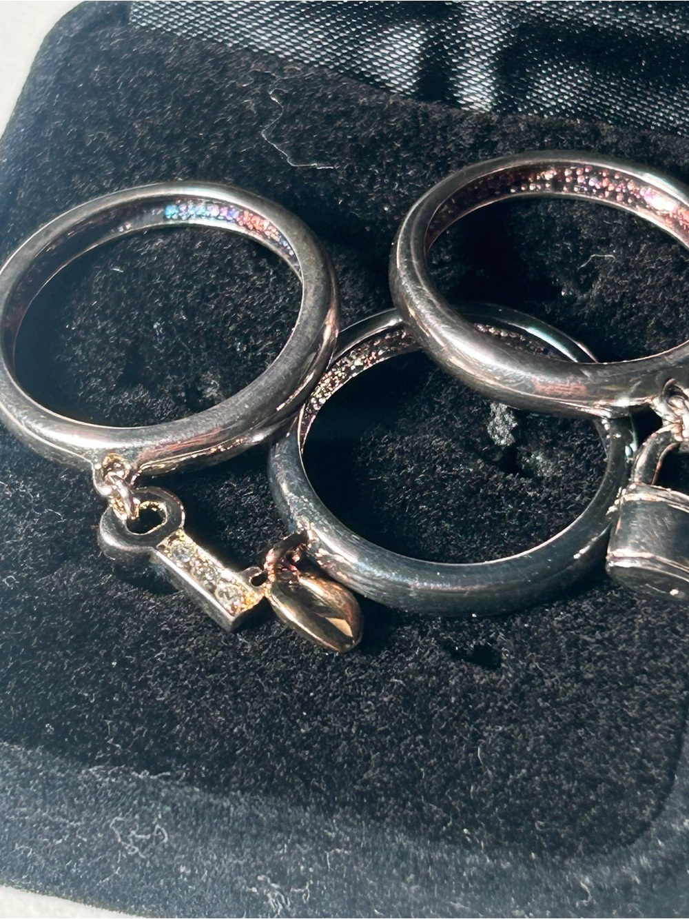 Ring Set Dangling Charm 3 Piece Size 7 Heart Lock Key Style Finger Jewelry 925 - Picture 4 of 7